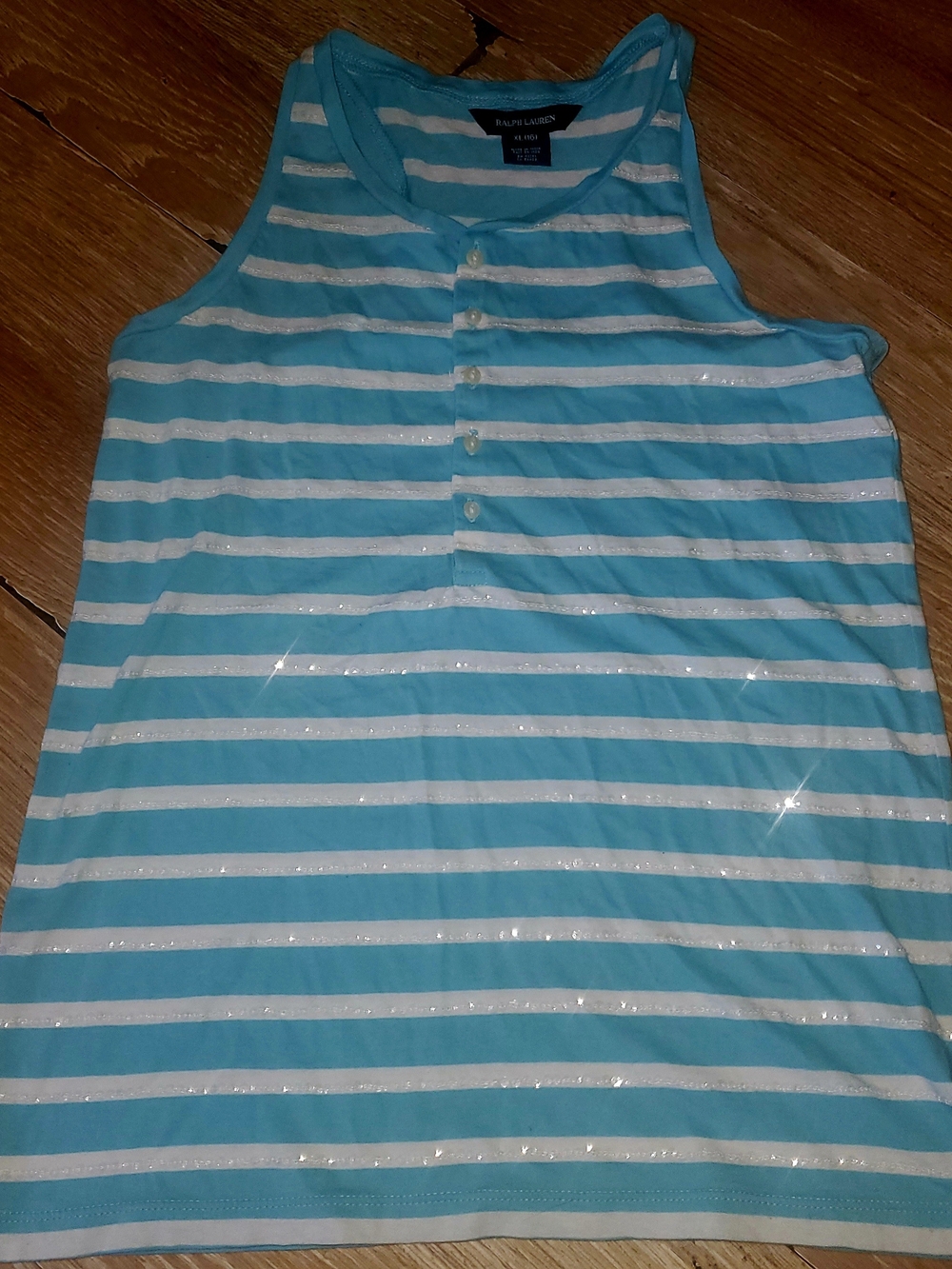 Juniors Ralph Lauren Blue & White Striped & Sequin Racer Back Button Down Tank